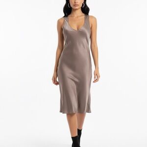 Aniye By Elegant Deep V Satin Women's 4-6 Taupe Sleeveless Slip Dress Italy